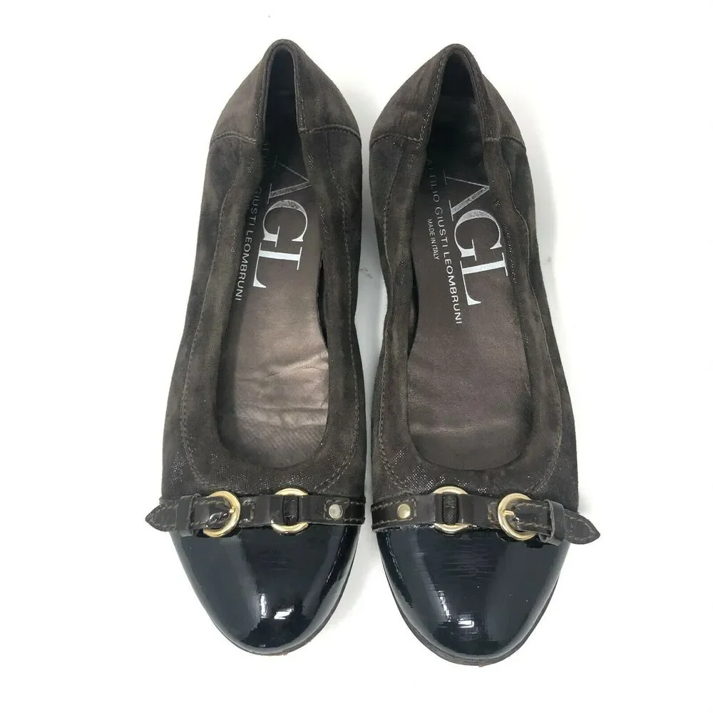 AGL Shimmer Ballet Flat Womens 38 / 8 Brown‎ Leather Patent Cap Toe Slip On